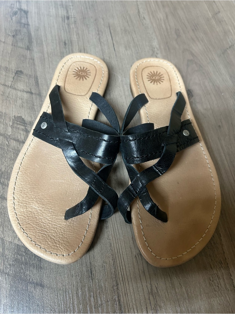 UGG Mireya Black Leather Sandals with Tan Footbed